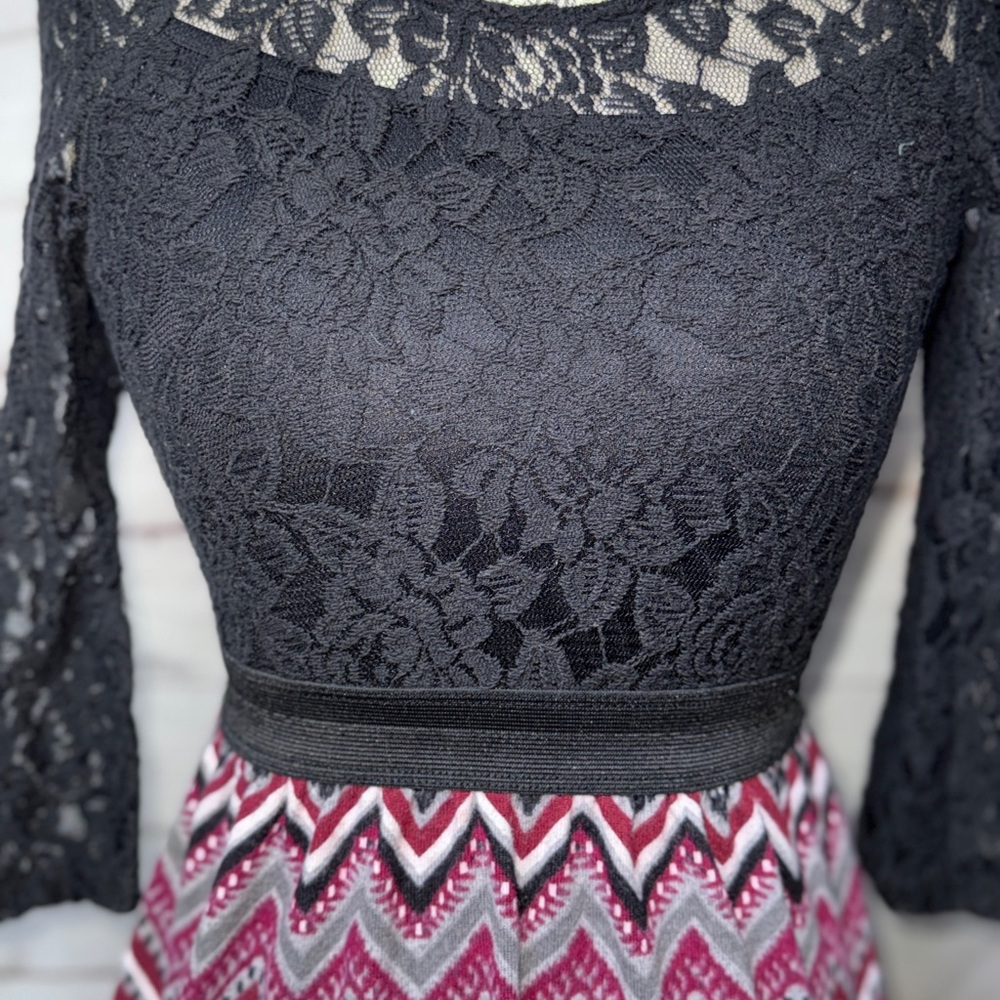 Speechless Black Lace Top with Pink Zigzag Skirt Dress - Picture 2 of 4